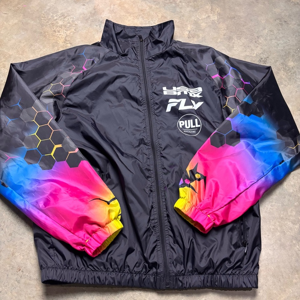 Fly Racing BMX USA Windbreaker Black Jacket Mens Small Pull Magazine Champion